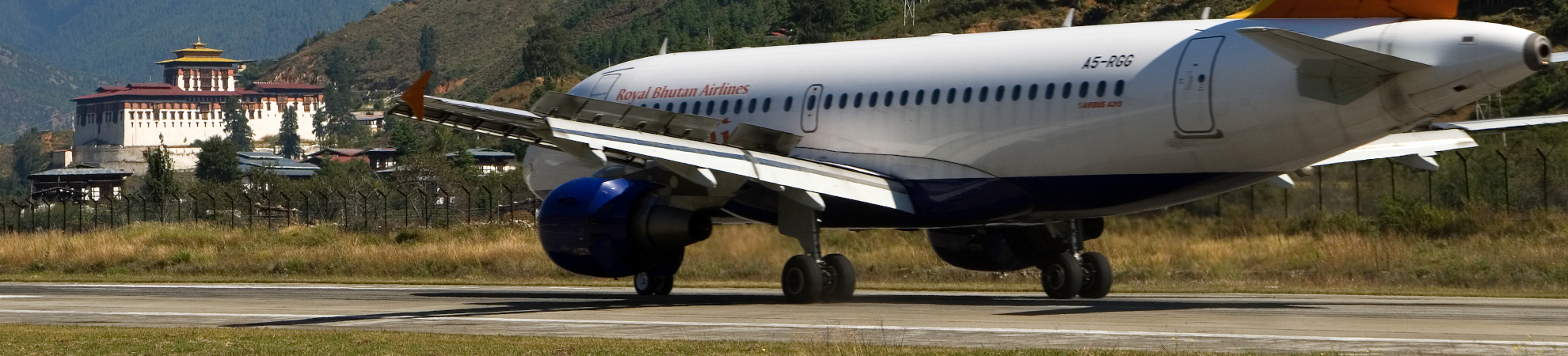A Drukair aircraft on approach to Paro International Airport, Bhutan